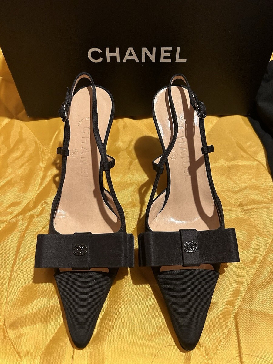 Chanel black Silk Satin Bow Detail Sling backs Shoes Size 35 | eBay