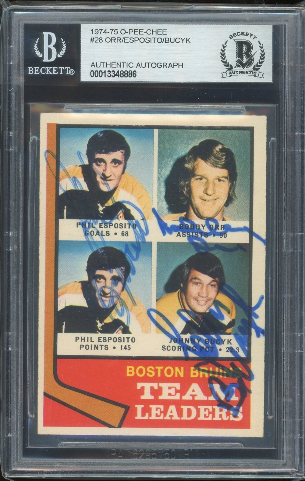 Bobby Orr Autographed Signed Boston Bruins Esposito Bucyk 1974-75 O-Pee-Chee Card #28 Bruins BAS Slabbed 
