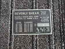Original Beverly Shear Manufacturing Co. Rectangular Name Plate