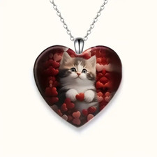 Kitty Corner Women's Necklace Heart Shaped with Adorable Cat Bubble Pendant