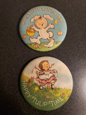 Easter Bunny & Happy Tulip Button Pins Hallmark Vintage Lot of 2