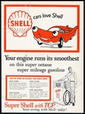 1959 Shell oil gas cute happy red car art 100 octane vintage print ad 3
