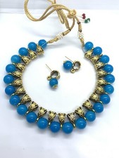 Indian Pakistani Fashion Bollywood Gold Plated Blue  Color Beads Necklace Set