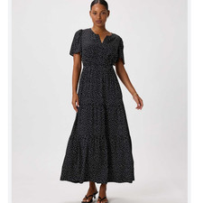 New! Quince Washable Silk Tiered Maxi Dress with Pockets Sz L Tiny Dot Black #78