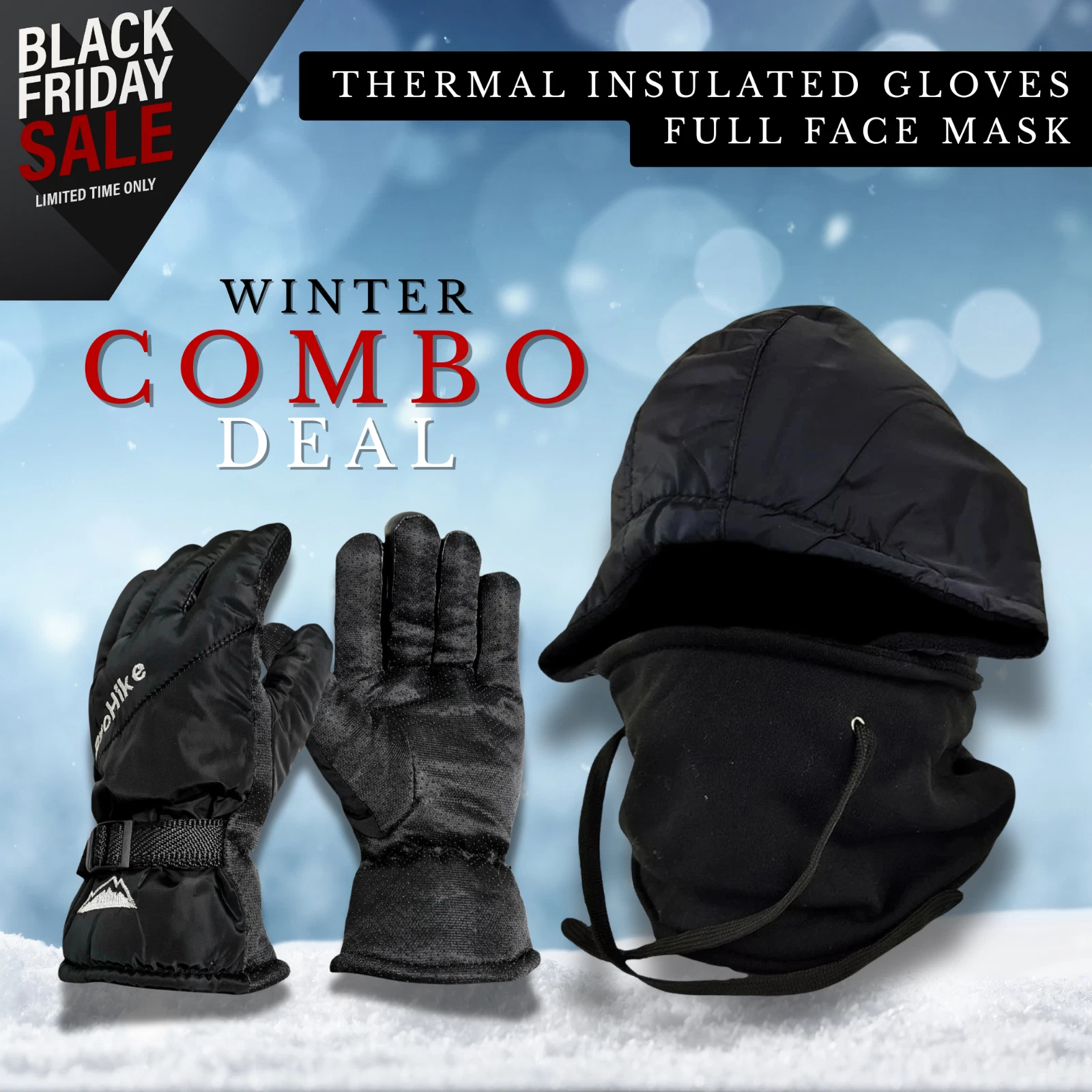 Thermal Ski Gloves & Balaclava Face Mask Set Sherpa Lined Winter Warm UK Unisex