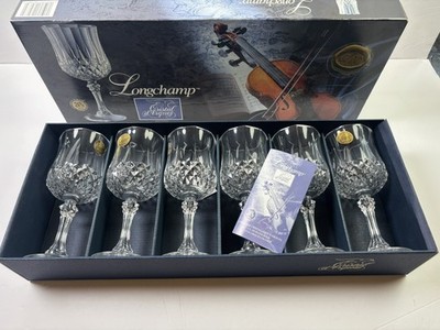 Cristal D'arques Longchamp Cut Crystal Wine/Water Glass Goblets 5-3/4 oz. Set 6
