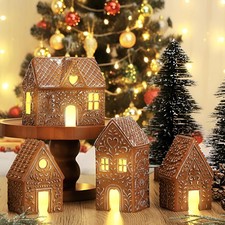 4 Pcs Christmas Lighted Gingerbread House Decoration Resin House Village Figu...