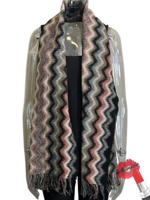 MISSONI Scarf Zigzag Print Orange Label Multi Color Wool Blend Knit Long Boho