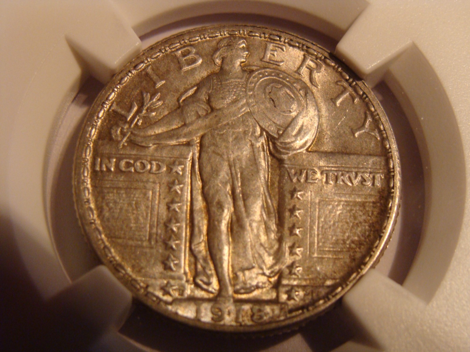 1918-D Standing Liberty quarter, AU details, “LIBERTY,” “IN GOD WE TRUST,” stars along edge.