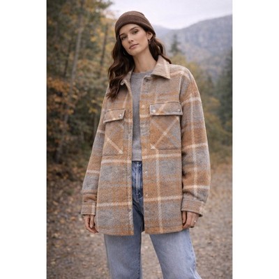 BLANKNYC Plaid Shirt Jacket Shacket Pink Tan Beige Women's Size S Button Up Fall