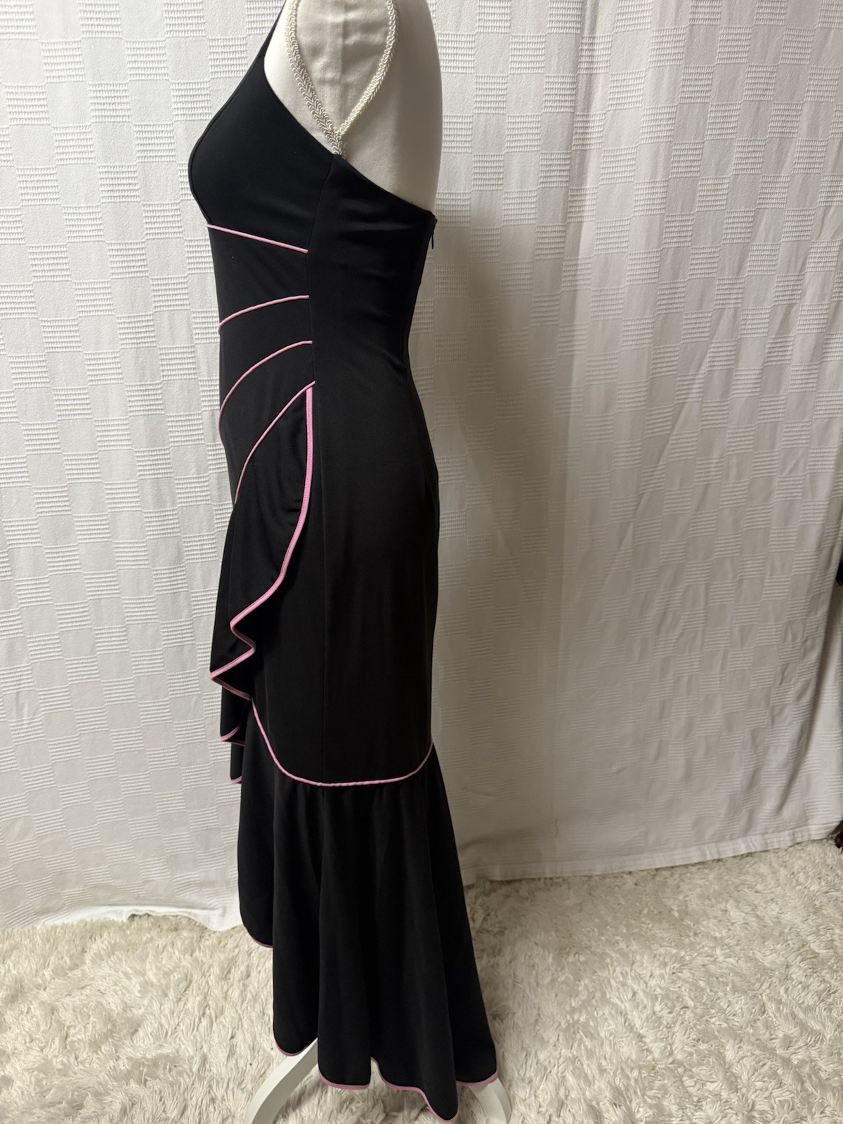 VTG Y2K Blondie Nites Halter Dress Women Sz 5 Black Ruffles With Pink Detailing 