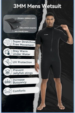 XUKER Men's 3MM Short Sleeve Wetsuit Black Neoprene UV Protection Size S