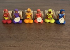Set Of Six Folk Art Napkin Rings With Ethnic Women Holding Fruit Or Napkin