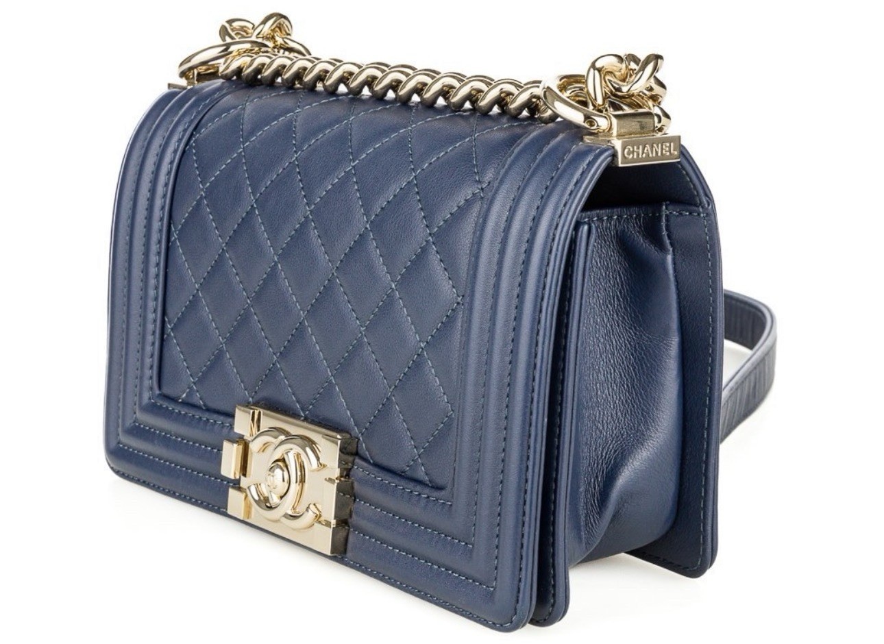 Chanel Small Boy Bag, Navy Lambskin Leather, VGC with dust bag, cloth and box