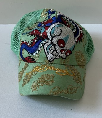Don Ed Hardy Cap Hat Skull & Dragon Embroidery Rhinestone Snapback Mint Green
