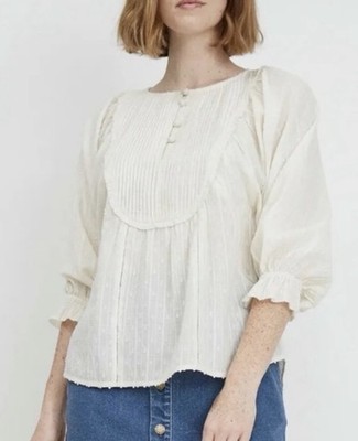 Apiece Apart Cala Blouse Puff 3/4 Sleeve. Pintuck Bib Neck. Boho. Size 2. Cotton