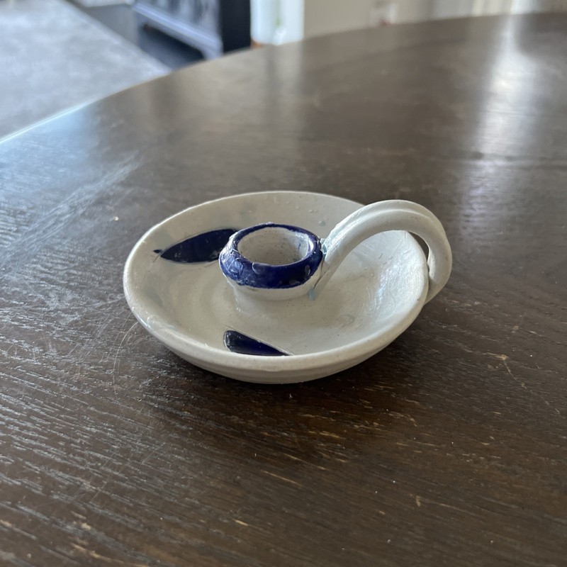 Vintage Williamsburg Pottery Salt Glazed Chamber Stick Candle Holder Gray & Blue