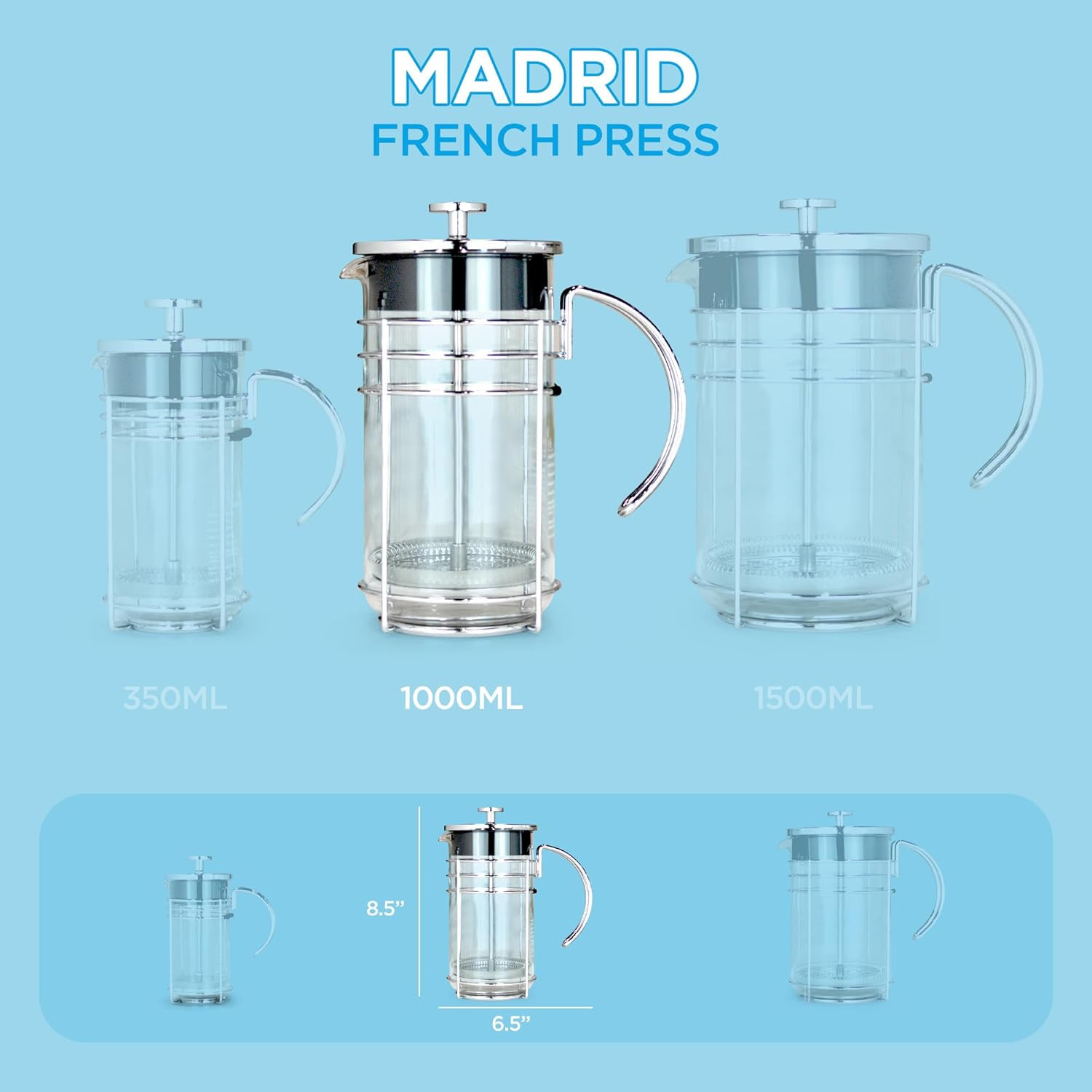 MADRID French Press - Premium Coffee and Tea Maker - 1.0L - 34Oz - Borosilicate 