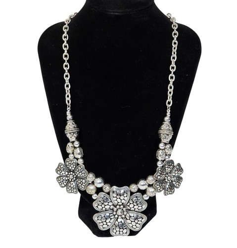 Silver Tone Floral Statement Necklace Large Flower Bib Pendant Beaded Necklace