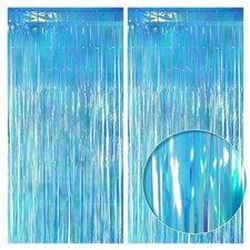 2 Pack Blue Iridescent Streamers Backdrop, 3.3x6.6ft, Foil Fringe Curtains