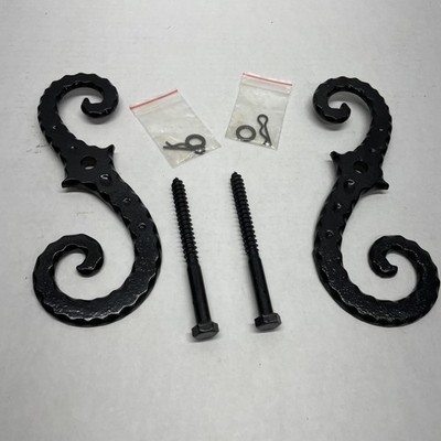 Pair of 8  Black Cast Iron Scroll Shutter Dogs Lag Bolt Powder Coat NOS