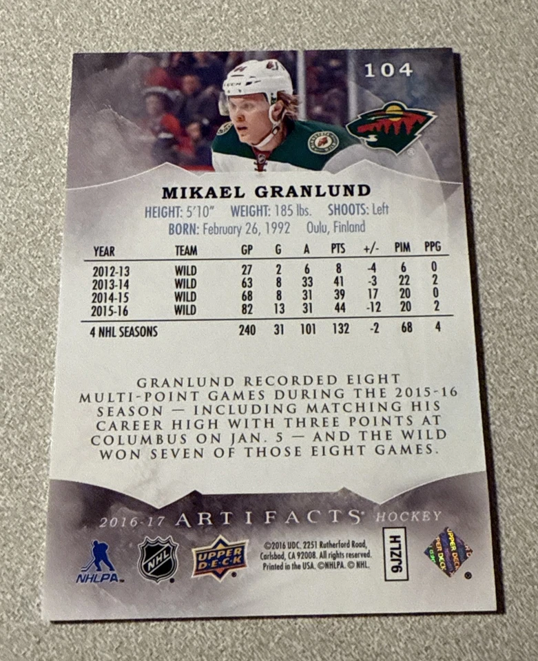 2016-17 Artifacts Hockey Orange #104 Mikael Granlund Minnesota Wild /55 - Image 2 of 2