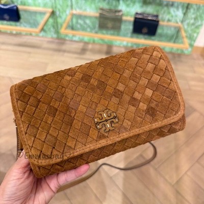 Tory Burch Thea Woven Flat Wallet Crossbody 175918 $595 Chicory