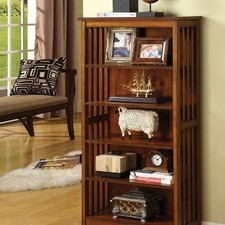 5 Tier Wooden Mission Style Bookshelf Bookcase Wood Walnut Color