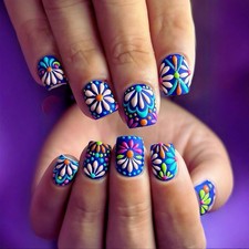 3D Flower Press on Nails Short Square Fake Nails with White Daisy Designs Blue F