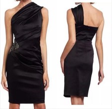 Eliza J Satin One Shoulder sleeveless Lined Dress Beaded Ruched Black size 4