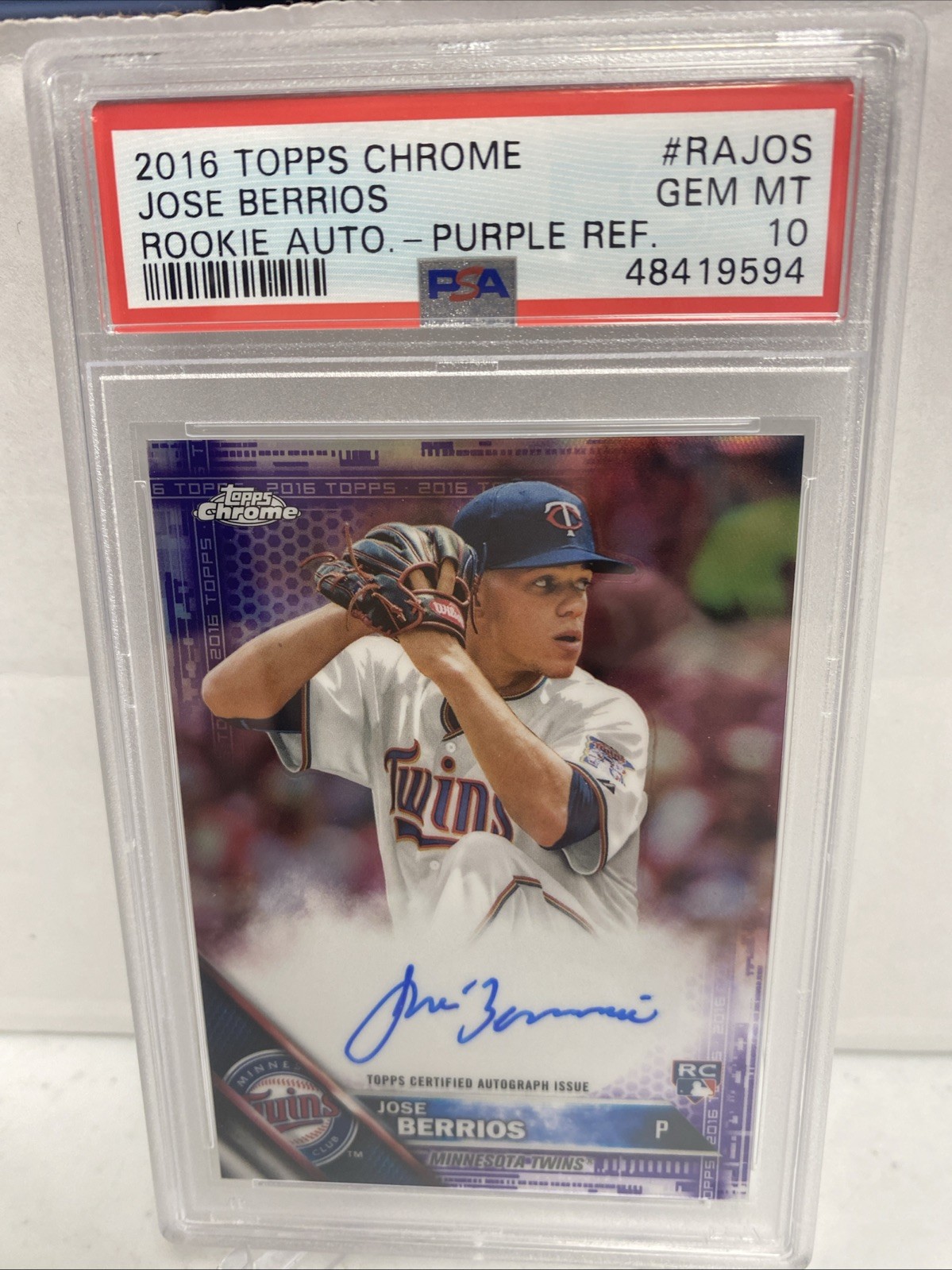 2016 Topps Chrome Jose Berrios Rookie Auto Purple Refractor RA-JOS /250 PSA 10