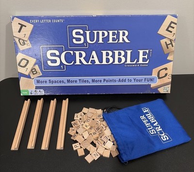 SUPER SCRABBLE Board Game Hasbro 200 Wood Letter Tiles & Bigger Board COMPLETE