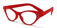 1950's RED CAT EYE GLASSES w/RHINESTONES CLEAR LENSES COSTUME ACCESSORY