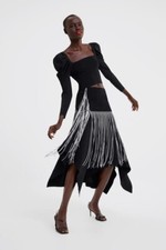 ZARA Sold Out Fringed Asymmetric Knit Skirt White Fringes Size S