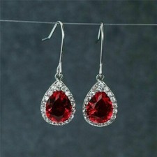 3.00Ct Pear Cut Lab Created Red Ruby Halo Dangle Earrings 14K White Gold Plated
