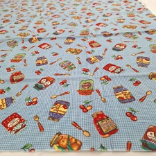 VTG Sharon Kessler Concord Tossed Canning Jars Checkered Blue Cotton Fabric 58"L