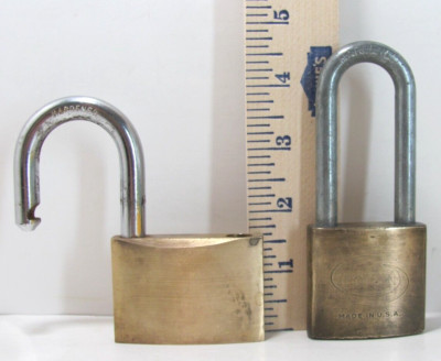2 Vintage BRASS Locks Padlocks No Keys!! Heavy Brass & Steel Taller is CORBIN