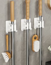 3-Pack Broom Mop Holder w/ Hooks Self Adhesive Wall Mount Organizer for Garage