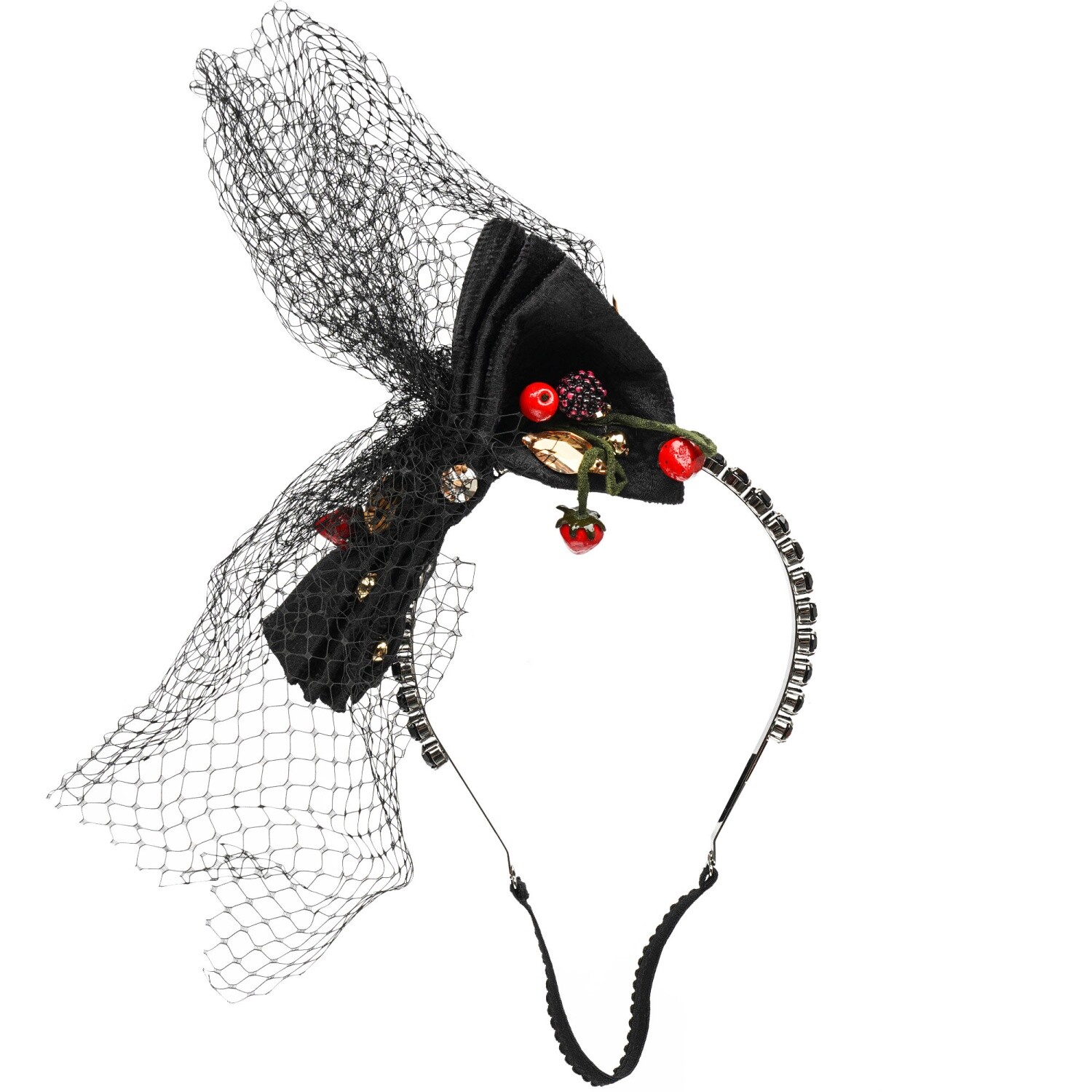 DOLCE & GABBANA Crystal Berry Ribbon Lace Hairband Headband Tiara Black
