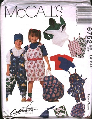 6752 Vintage McCalls SEWING Pattern Girls Boys T Shirt Overalls Backpack Lunch