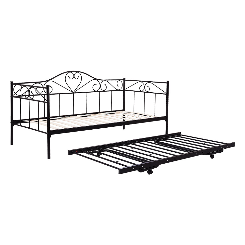 Panana Metal Day Bed With Trundle Grey or White Steel Frame Single Bed Kids (Black, Style 3 Daybed+Trundle) 17 Metal Day Bed Sofabed & Pull out Trundle Single Sofa Guest Bed Mattress Option