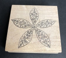 Magenta Rubber Stamp 5 Petal Floral Flower Swirl Design Wood Mounted