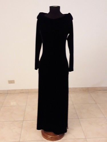 VESTITO DA SERA DONNA LUNGO IN VELLUTO NERO SPACCO LATERALE TG S MASNADA |  eBay