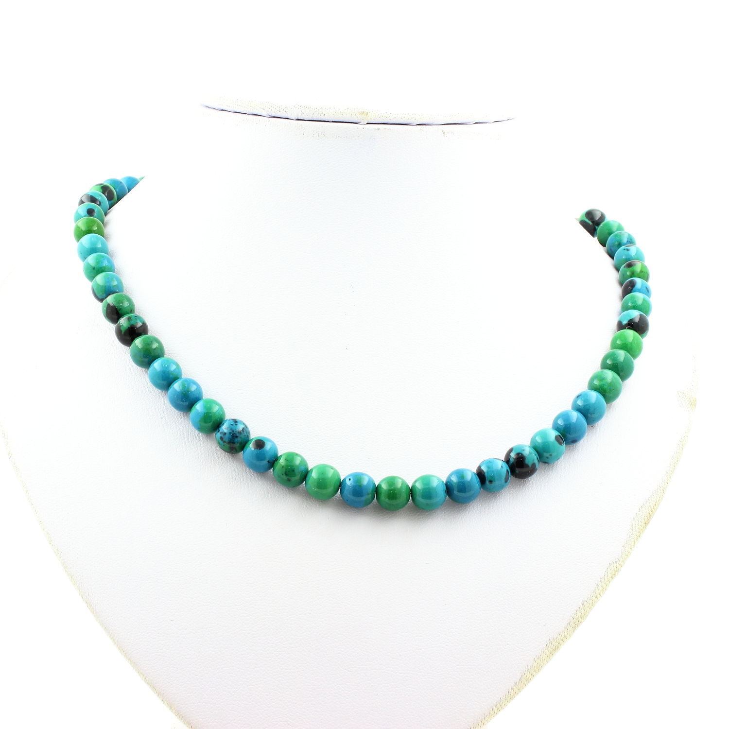 Collier chrysocolle 8mm chaine acier inoxydable ras de cou en pierre bleue
