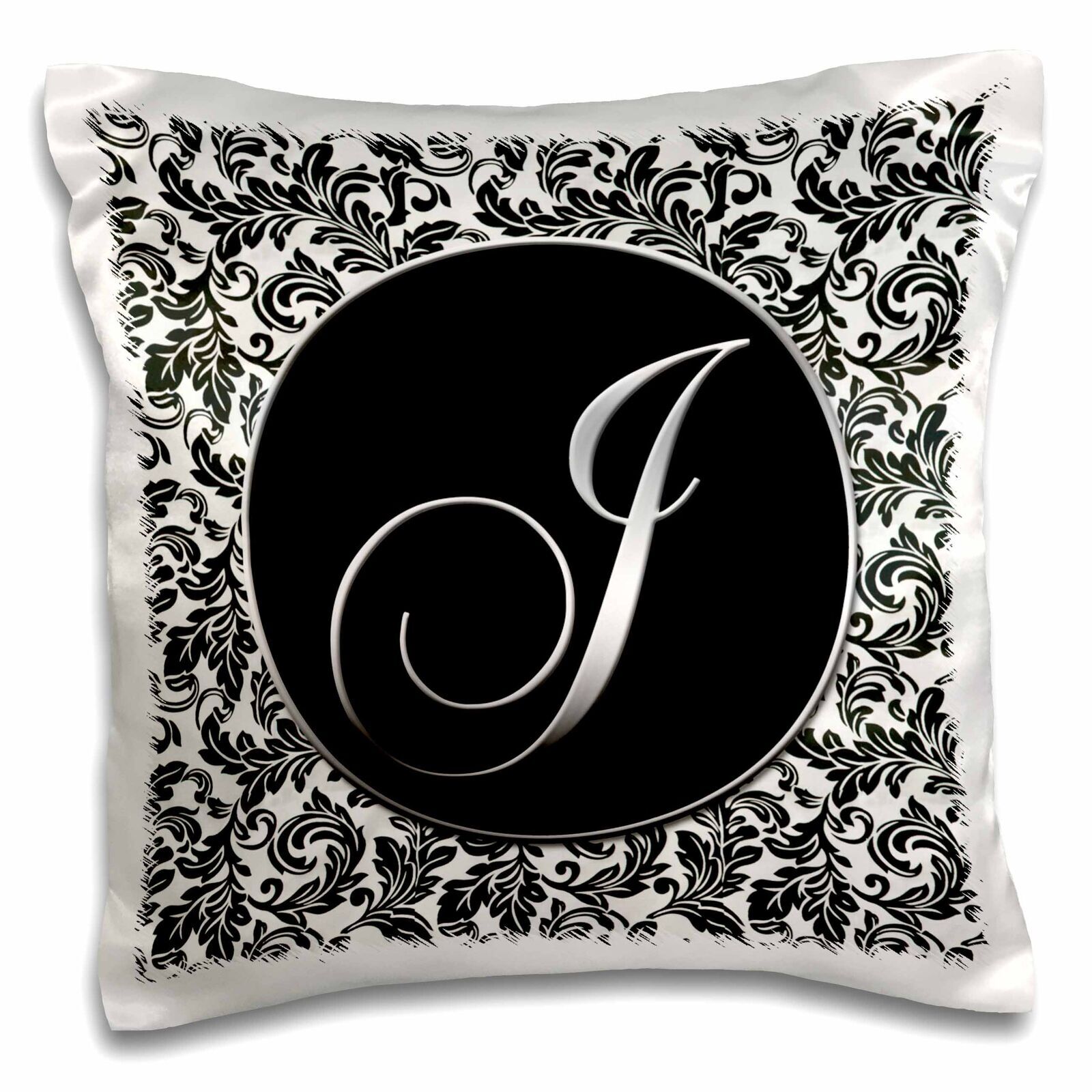 Black and White Damask Letter J 16x16 Pillow Case by 3dRose  