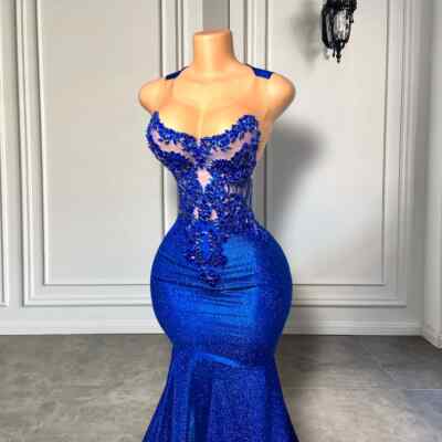 Sexy Royal Blue Mermaid Evening Dresses Luxury Beaded Embroidery Party Prom  Gown | eBay