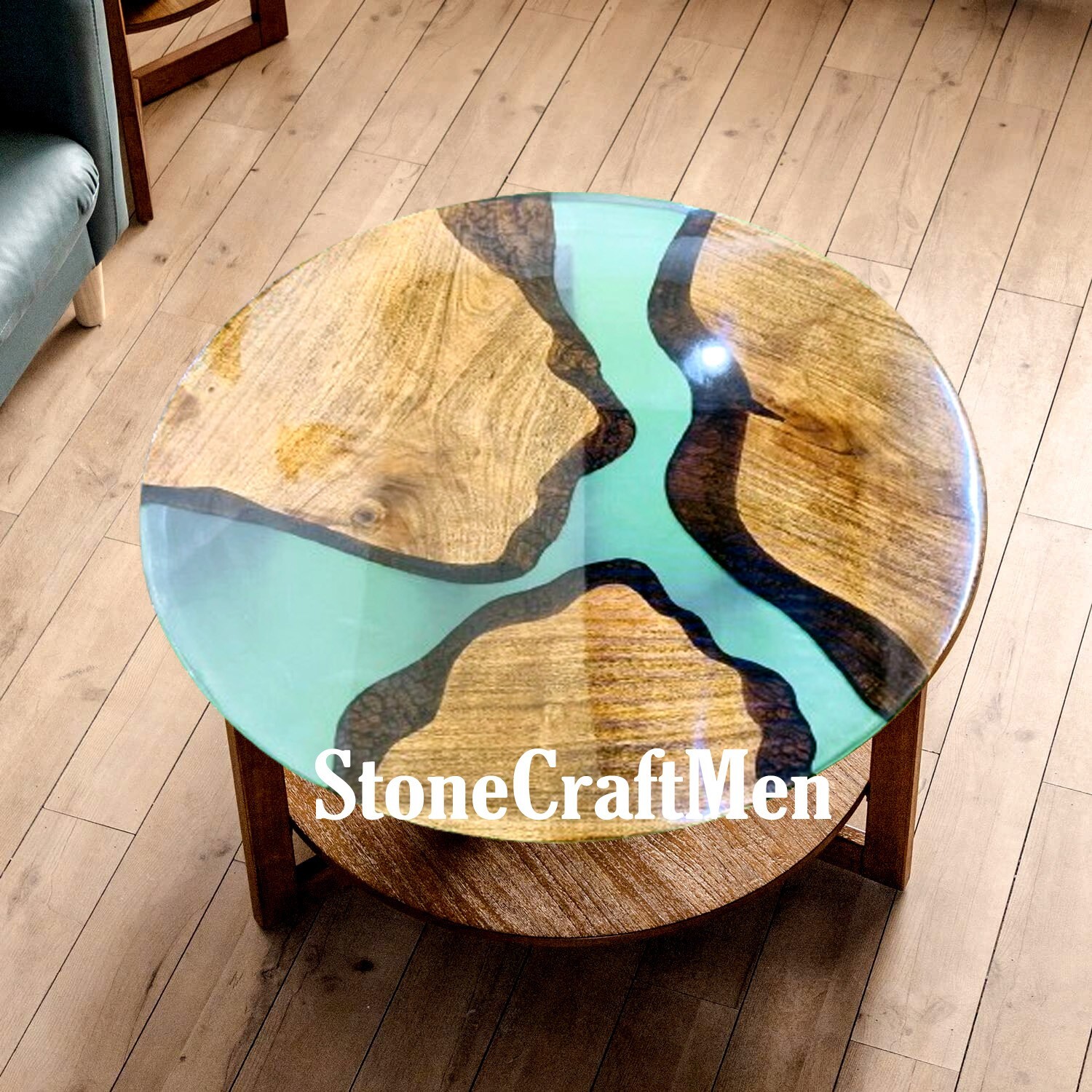 Clear Blue Epoxy Resin Wooden Coffee Table for Modern Home Decor  