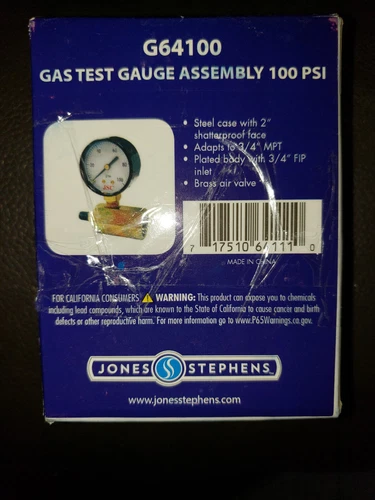 Jones Stephens G64100 Gas Test Gauge Assembly 100 PSI - Picture 5 of 9