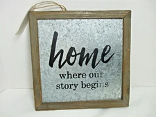 Home is Where Our Story Begins Rustic Wood Tin Wall Hanging Plaque Farmhouse 9" 