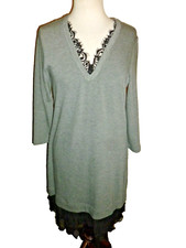 Karen Kane Sweaterdress Dress Gray V Neck Bottom Lace Trim Knit M Medium